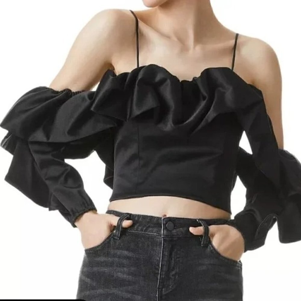 Alice and Olivia Monrow Ruffled Flounce Sleeve Black Crop Top Size 2
